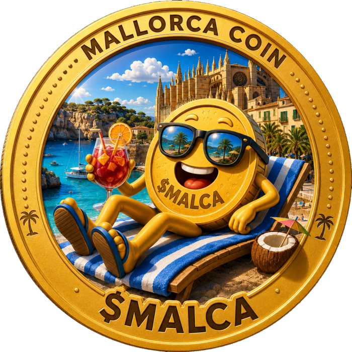 $MALCA mascot — a sunglasses-wearing gold coin relaxing on a sunbed with sangria